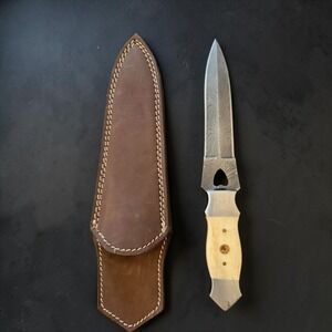 Handmade Damascus Fixed Blade Hunting Knife Bone Handle Leather Sheath Custom